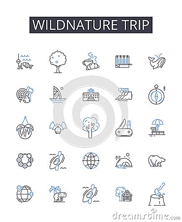 Wildnature trip line icons collection. Grand adventure, Daring endeavor, Bold expedition, Thrilling escapade, Intrepid Vector Illustration