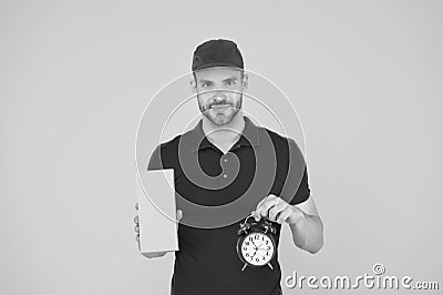 Will deliver at agreed time. Timeliness guarantee. Promptness and punctuality. Delivery time. Delivery courier with Stock Photo