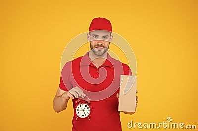 Will deliver at agreed time. Timeliness guarantee. Promptness and punctuality. Delivery time. Delivery courier with Stock Photo