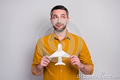Will europe country close border covid-29 illness. Wonder consider man look copyspace hold paper card plane think plan Stock Photo