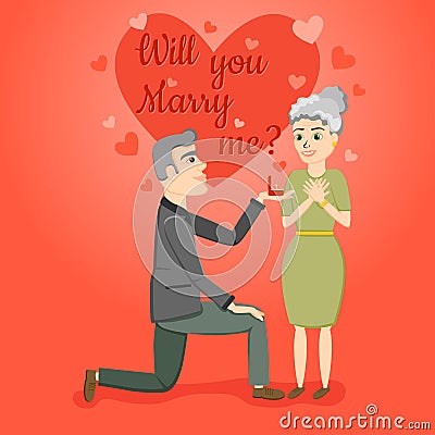 Will you marry me. Cute illustration with old couple for happy valentine`s day. Love. Cartoon Illustration