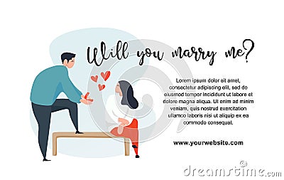 Will you marry me text with cute couple in love character for valentine's day banner design vector illustration Vector Illustration