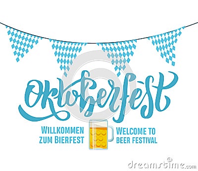 Willcommen zum Bierfest Welcome to beer festival Oktoberfest handwritten lettering on white background with Bavarian garland Stock Photo