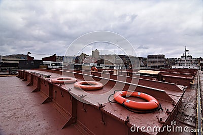 William A Irvin bulk freighter and the aerial lift bridge Editorial Stock Photo