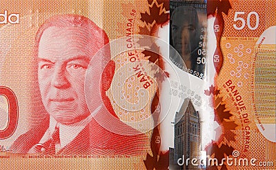 William Lyon Mackenzie King portrait on Canada 50 Dollars 2012 Polymer Banknote fragment Stock Photo