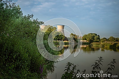 Willington power station cooling towers from the bank of the River Trent. Stock Photo