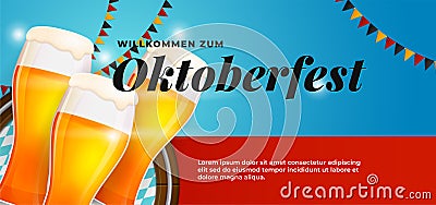 Willkommen Zum Oktoberfest festive banner poster design. Beer glass vector illustration with barrel background and bavaria germany Cartoon Illustration