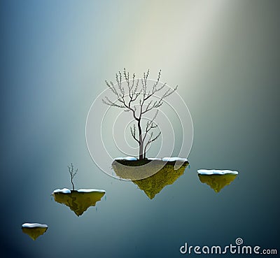 Willow catkin tree on flying rock, first spring ray in the wonderland, spring willow catkin tree in the dreamland, Vector Illustration