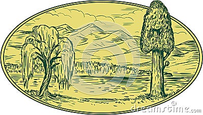 Willow And Sequoia Tree Lake Mountains Oval Drawing Vector Illustration