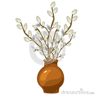 Willow in vase, vector bouquet isolated, decor Vector Illustration