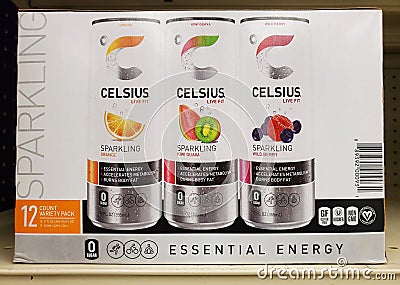 Wilmington, Delaware, U.S.A - March 26, 2024 - A box of Celsius Live Fit energy drink with three different flavors Editorial Stock Photo