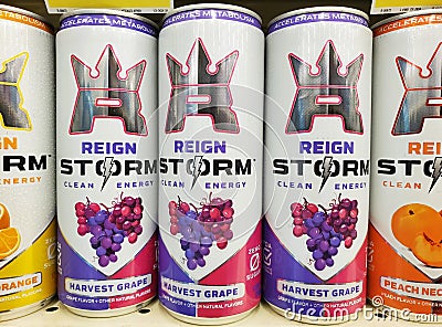 Wilmington, Delaware, U.S - March 26, 2024 - The cans of Reign Storm energy drink in Harvest Grape flavor on the shelf Editorial Stock Photo
