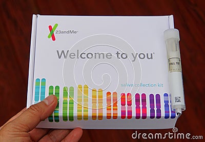 Wilmington, Delaware, U.S.A - March 10, 2019 - Saliva collection kits by 23andMe for ancestry testing and family tree discovery Editorial Stock Photo