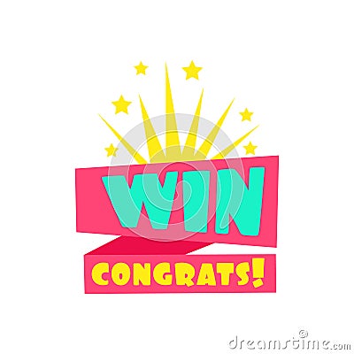 Win Congratulations Sticker Design Template For Video Game Winning Finale With Fireworks Vector Illustration