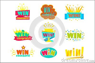 Win Congratulations Stickers Assortment Of Comic Designs For Video Game Winning Finale Vector Illustration