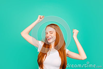 Win, winner concept. Portrait of lady with closed eyes Stock Photo