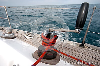 Winch with rope on sailing boat Stock Photo