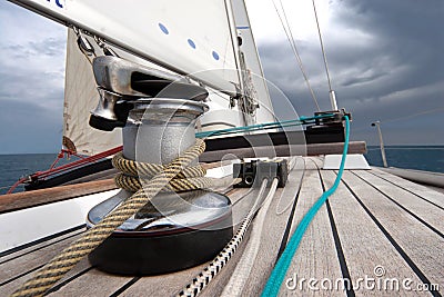 Winch with rope on sailing boat Stock Photo