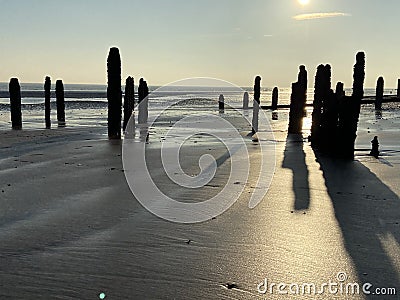 Winchelsea beach landscape view at low tide exposing flat sand with wooden sea groynes protruding from the sand Stock Photo