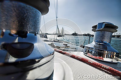 Winches and Deck of Sailboat Stock Photo