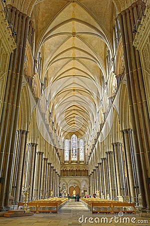 Winchester Cathedral vaulting and seating. long view. Majestic architecture Editorial Stock Photo