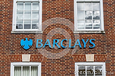 03/11/2020 Winchester, Hampshire, UK A Barclays bank sign on the exterior of a brick building Editorial Stock Photo