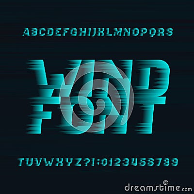 Wind alphabet vector font. Speed effect type letters and numbers on a dark background. Vector Illustration