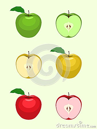 wind apples with leaf, red, yellow, green colors Vector Illustration