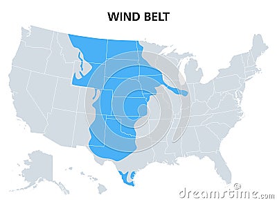 Wind Belt of the United States, areas with high wind speeds, political map Vector Illustration