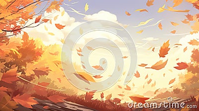 wind is blowing with falling leaves, autumn anime wallpaper, ai generated image Stock Photo