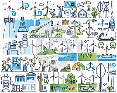 Wind energy as green, sustainable electricity production outline collection Vector Illustration