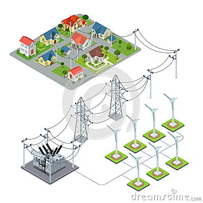 Wind energy propeller green village power supply c Vector Illustration