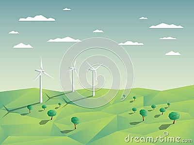 Wind farm in green fields among trees. Ecology Vector Illustration