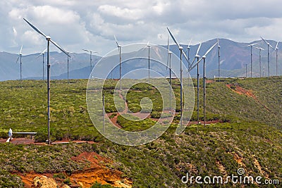 Wind farm near Oundjo, Northern Province, New Caledonia, Melanesia, Oceania, South Pacific Ocean. Wind power plant. Wind turbines. Stock Photo