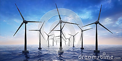 Wind farm in the ocean at sunset Cartoon Illustration