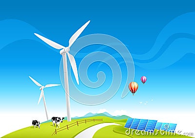 Wind Farm and Solar Panels Cartoon Illustration