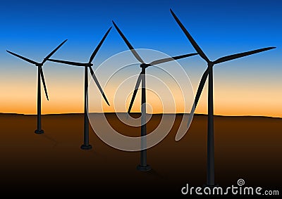 Wind farm in sunset Cartoon Illustration