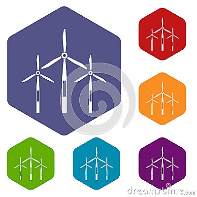 Wind generator turbines icons set hexagon Vector Illustration