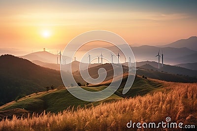 Wind generators turbines at sunset. Stock Photo