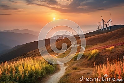 Wind generators turbines at sunset. Stock Photo