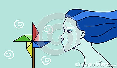 Wind girl with blue hair with a spinner against the sky Stock Photo