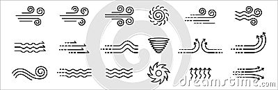 Wind icon set. Winds vector icons set. Wind air movement for weather and forecast symbol. Contains sign of storm, tornado, and Cartoon Illustration