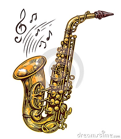 Saxophone with music notes isolated on white background. Wind jazz musical instrument. Vector illustration Vector Illustration