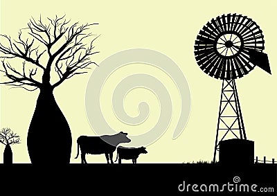 Wind mill and cows silhouette Vector Illustration