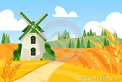 Wind mill farm. Wheat grain field. Village agriculture panorama. Flour grinding mechanism. Windmill and hill land Vector Illustration