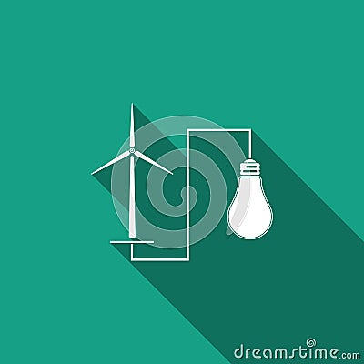 Wind mill turbine generating power energy and glowing light bulb icon isolated with long shadow. Alternative natural Vector Illustration