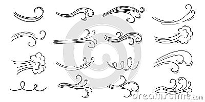 Wind motion doodle line swirl hand drawn steam weather blow isolated on white background. Atmosphere action element. Vector Illustration