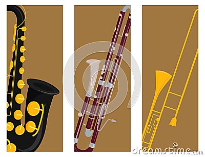 Wind musical instruments cards tools acoustic musician equipment orchestra vector illustration Vector Illustration