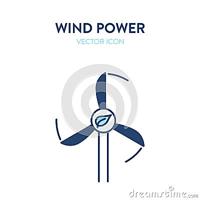 Wind power icon. Vector illustration of a three-blade wind turbine with a leaf eco symbol. Represents concept of wind power Vector Illustration