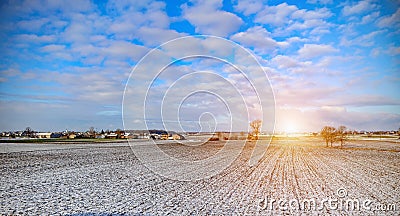 Wind power plants in sunlight in winter time. Toning Stock Photo